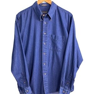 Van Heusen Men's Blue Stone Wash Denim Button Down Long Sleeve Shirt L 16-16 1/2